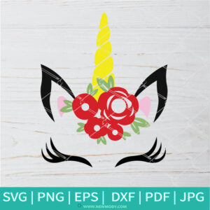 Unicorn Head With Roses SVG - Cute Unicorn SVG -Unciorn Face With Flowers - Newmody