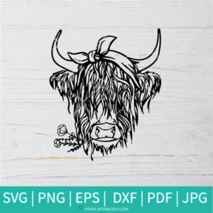 Highland Cow With Bandana Outline SVG - Heifer SVG - Cow With Bandana SVG - Cow Face SVG -Cow head bandana SVG - Newmody