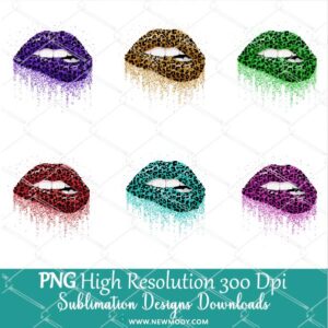 Glitter Dripping Cheetah Print Lips Sublimation PNG Bundle - Newmody