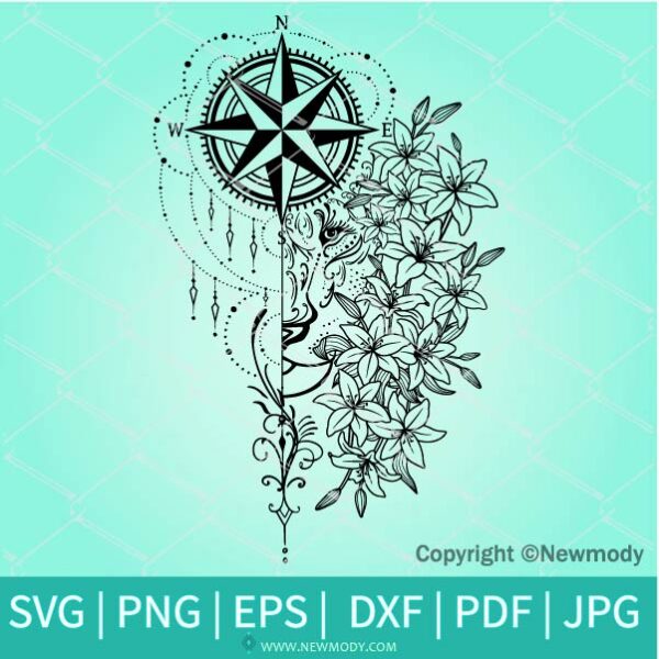 Floral half Lioness Face with Compass SVG | Lion Tattoo Svg | Boho art | Mystica l Lily Flower
