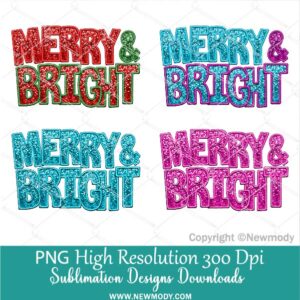 Merry And Bright Sequin PNG Bundle, Christmas Faux embroidery Red, Green, Pink and Blue Glitter PNG, Sequins sparkle Xmas Trendy Sublimation Design