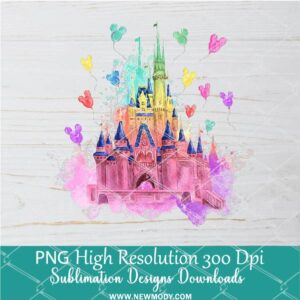 Colorful Watercolor Disney Castle Hearts Png, Disney Castle Png Dtf and Sublimation shirt design Digital download