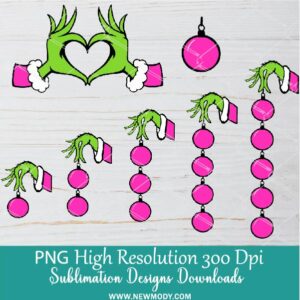 Pink Grinch Hands Heart Balls ornaments PNG Bundle, Matching Christmas Family PNG Sublimation, Grinch Hand holding Ornament, Add your own kids name