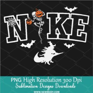 Nike Halloween Skeleton PNG, Nike with spider web, Bats, Witch and a skeleton holding pumpkin Sublimation PNG