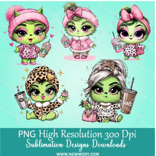 Grinch Baby girl Bougie PNG Bundle, Cute Leopard Pink Grinchy babies Girls Clipart PNG for Sublimation