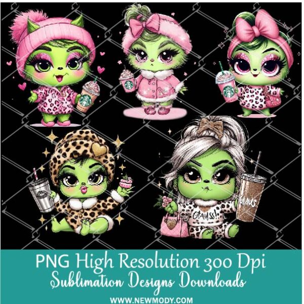 Grinch Baby girl Bougie PNG Bundle, Cute Leopard Pink Grinchy babies Girls Clipart PNG for Sublimation
