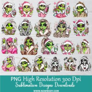 Grinch Bougie Girl PNG Bundle, Hand Drawn Cute and Funny Leopard Pink Grinchy Girls Clipart PNG for Sublimation